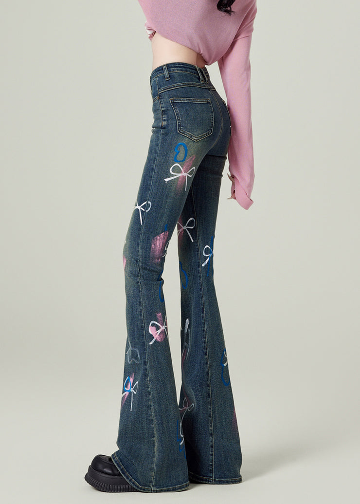 Fashion Blue Pockets Bow Print Denim Flared Trousers Spring