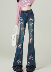 Fashion Blue Pockets Bow Print Denim Flared Trousers Spring