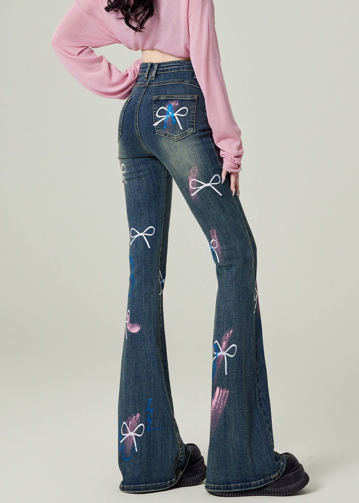 Fashion Blue Pockets Bow Print Denim Flared Trousers Spring