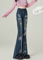 Fashion Blue Pockets Bow Print Denim Flared Trousers Spring