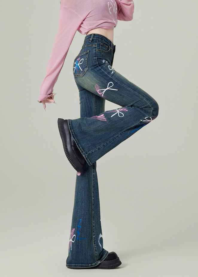 Fashion Blue Pockets Bow Print Denim Flared Trousers Spring