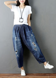 Fashion Blue Pockets Elastic Waist Denim Harem Pants Summer