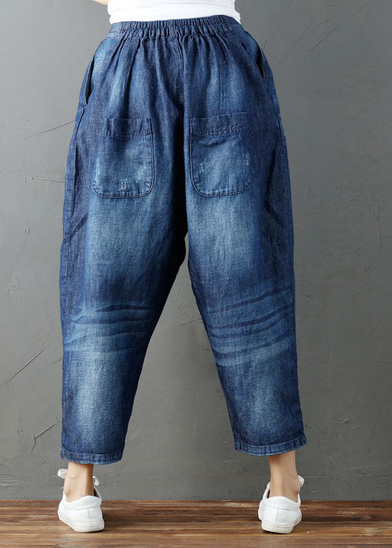 Fashion Blue Pockets Elastic Waist Denim Harem Pants Summer