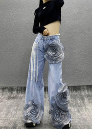 Fashion Blue Pockets Floral Bead Tassel Denim Pants Spring