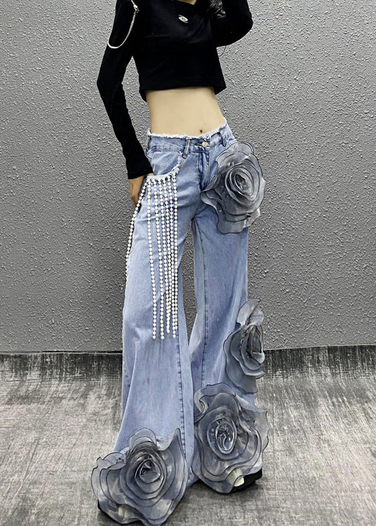 Fashion Blue Pockets Floral Bead Tassel Denim Pants Spring