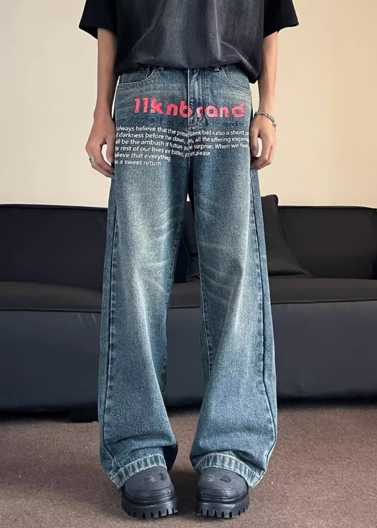 Fashion Blue Pockets Graphic Men Straight Jeans