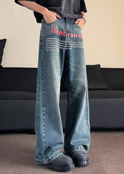 Fashion Blue Pockets Graphic Men Straight Jeans