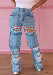 Fashion Blue Pockets Patchwork Ripped Jeans Summer