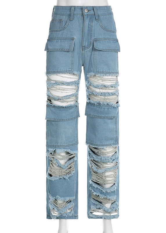 Fashion Blue Pockets Patchwork Ripped Jeans Summer