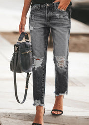 Fashion Blue Pockets Ripped Denim Pants Summer