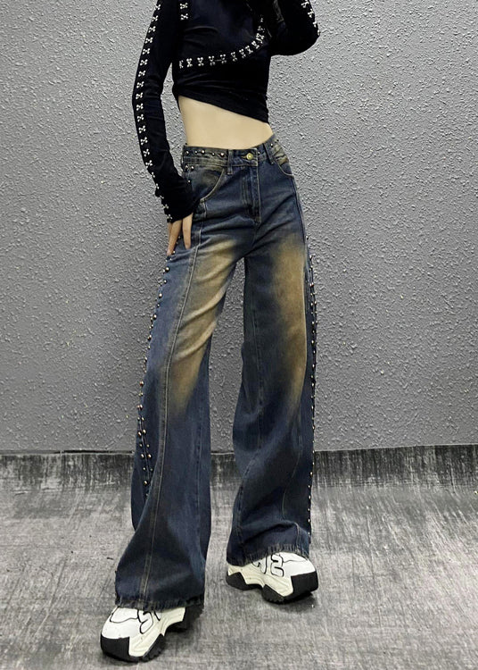 Fashion Blue Pockets Rivet High Waist Denim Wide Leg Pants Fall