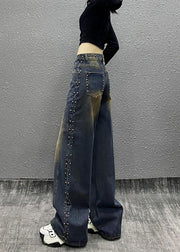 Fashion Blue Pockets Rivet High Waist Denim Wide Leg Pants Fall