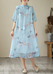 Fashion Blue Print Chiffon Long Dresses Summer