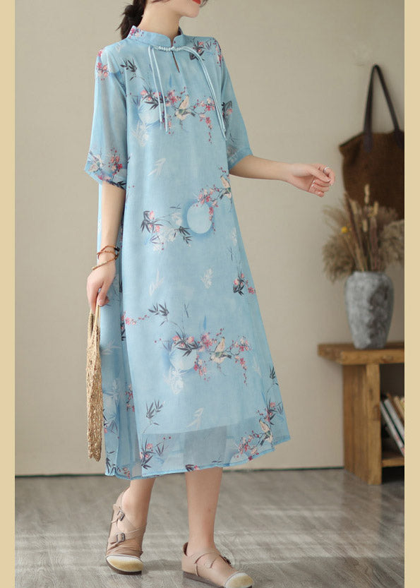 Fashion Blue Print Chiffon Long Dresses Summer