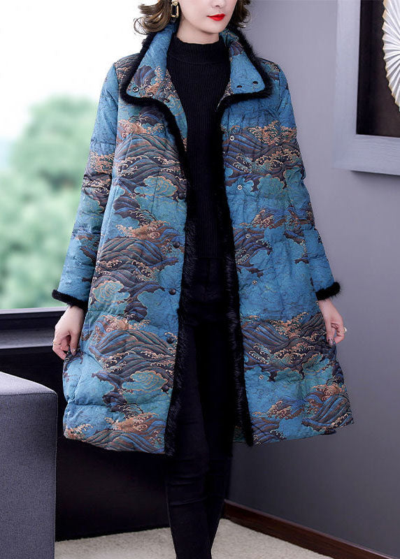 Fashion Blue Faux Fur Collar Print Fine Cotton Filled Puffer Coats Winter