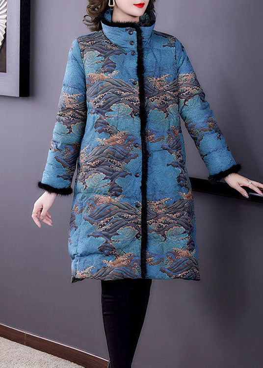 Fashion Blue Faux Fur Collar Print Fine Cotton Filled Puffer Coats Winter