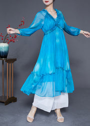 Fashion Blue Ruffled Exra Large Hem Silk Vacation Dresses Summer