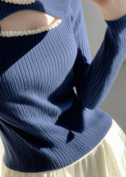 Fashion Blue Ruffled Hollow Out Knit Sweater Spring