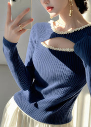 Fashion Blue Ruffled Hollow Out Knit Sweater Spring