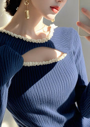 Fashion Blue Ruffled Hollow Out Knit Sweater Spring