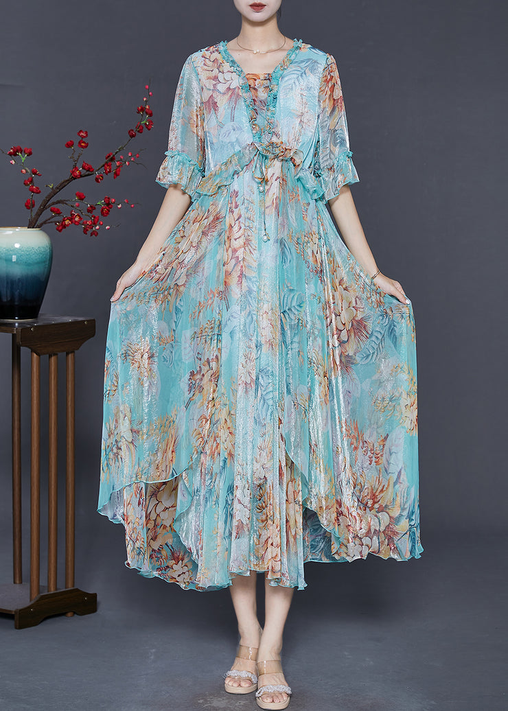 Fashion Blue Ruffled Print Silk Ankle Dress Summer