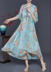 Fashion Blue Ruffled Print Silk Ankle Dress Summer