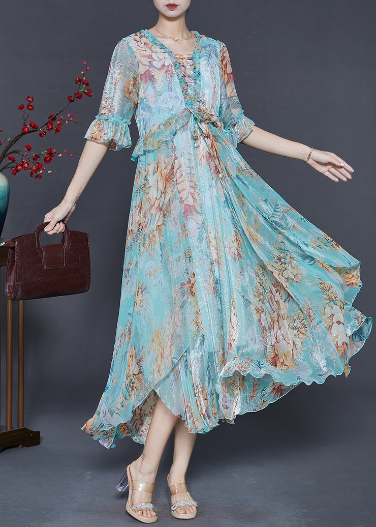 Fashion Blue Ruffled Print Silk Ankle Dress Summer