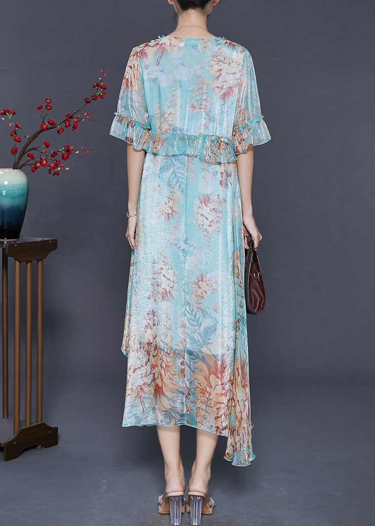 Fashion Blue Ruffled Print Silk Ankle Dress Summer