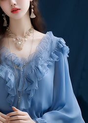 Fashion Blue Ruffled Solid Chiffon Tops Long Sleeve