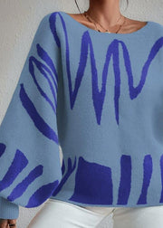 Fashion Blue Slash Neck Knit Sweaters Lantern Sleeve