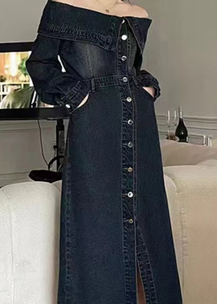 Fashion Blue Slash Neck Patchwork Side Open Denim Long Dresse Puff Sleeve