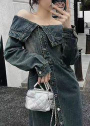 Fashion Blue Slash Neck Patchwork Side Open Denim Long Dresse Puff Sleeve