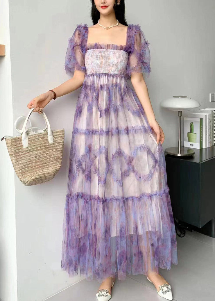 Fashion Blue Square Collar Ruffled Print Tulle Long Dress Summer