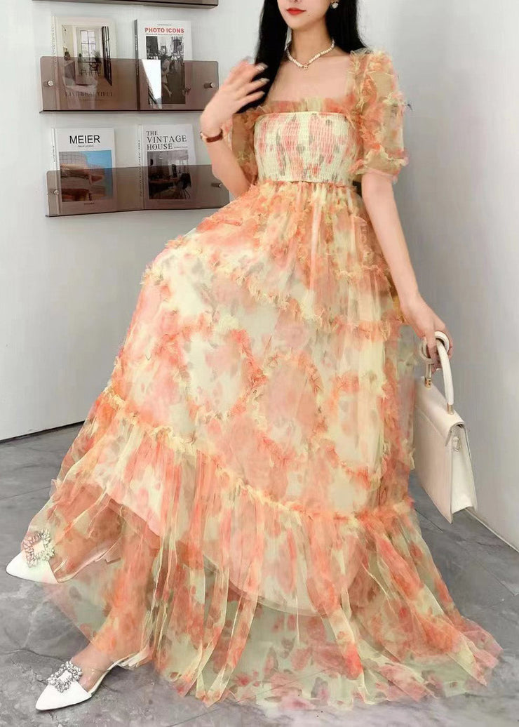 Fashion Blue Square Collar Ruffled Print Tulle Long Dress Summer