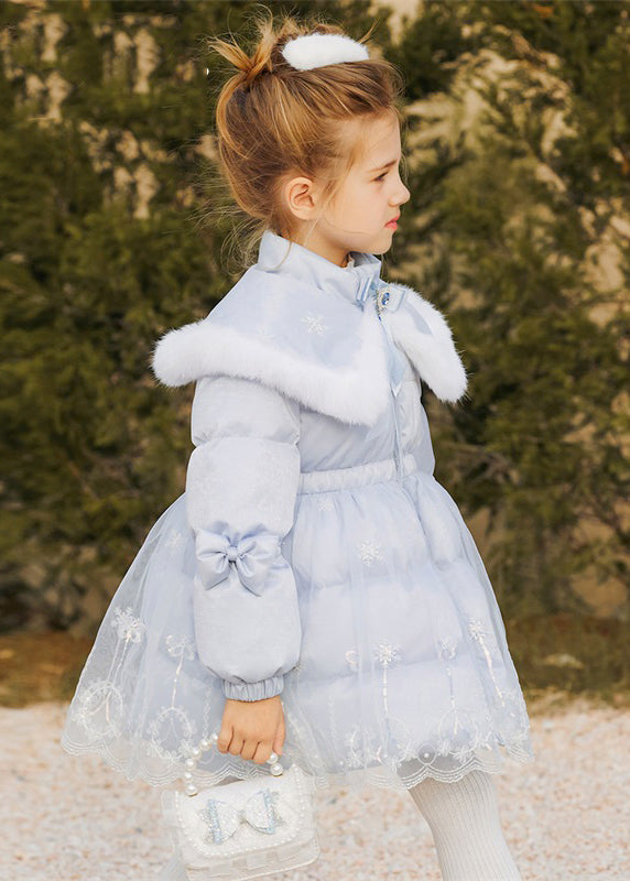 Fashion Blue Stand Collar Cape Zippered Tulle Patchwork Kids Long Parkas Winter