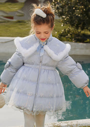 Fashion Blue Stand Collar Cape Zippered Tulle Patchwork Kids Long Parkas Winter