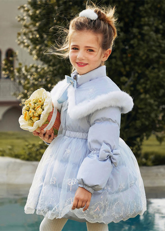 Fashion Blue Stand Collar Cape Zippered Tulle Patchwork Kids Long Parkas Spring