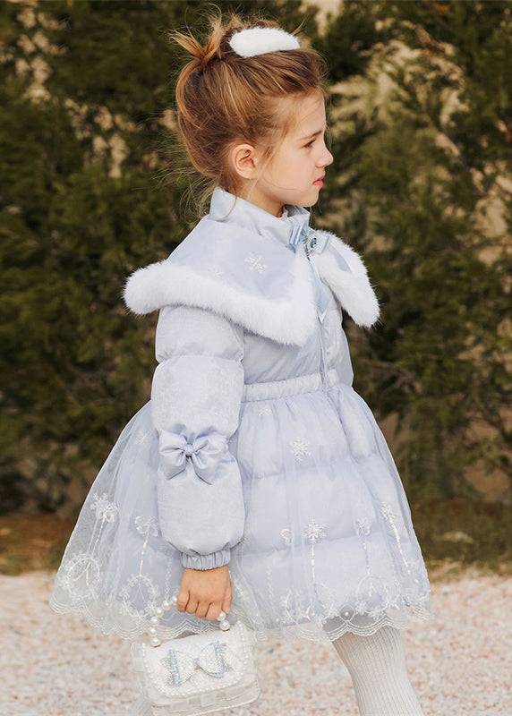 Fashion Blue Stand Collar Cape Zippered Tulle Patchwork Kids Long Parkas Spring