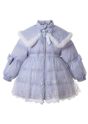 Fashion Blue Stand Collar Cape Zippered Tulle Patchwork Kids Long Parkas Winter