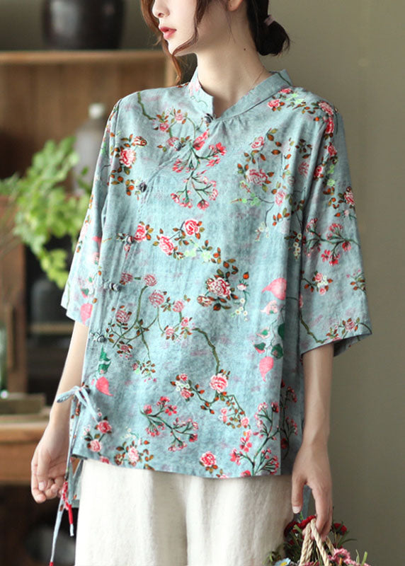 Fashion Blue Stand Collar Print Chinese Button Linen Shirt Half Sleeve