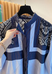 Fashion Blue Stand Collar Print Patchwork Shirt Fall