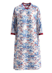 Fashion Blue Stand Collar Print Wrinkled Button Mid Dress Half Sleeve