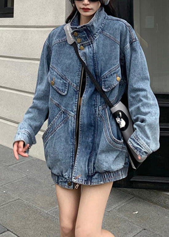 Fashion Blue Stand Collar Zip Up Pockets Denim Coat Spring