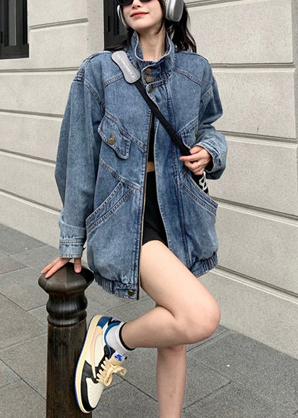 Fashion Blue Stand Collar Zip Up Pockets Denim Coat Spring