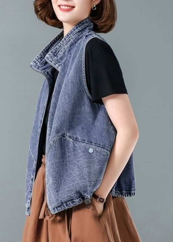 Fashion Blue Stand Collar Zippered Patchwork Denim Waistcoat Fall