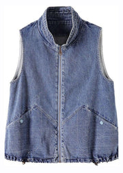 Fashion Blue Stand Collar Zippered Patchwork Denim Waistcoat Fall