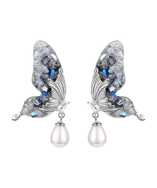 Fashion Blue Sterling Silver Zircon Pearl Crystal Butterfly Water Droplet Drop Earrings