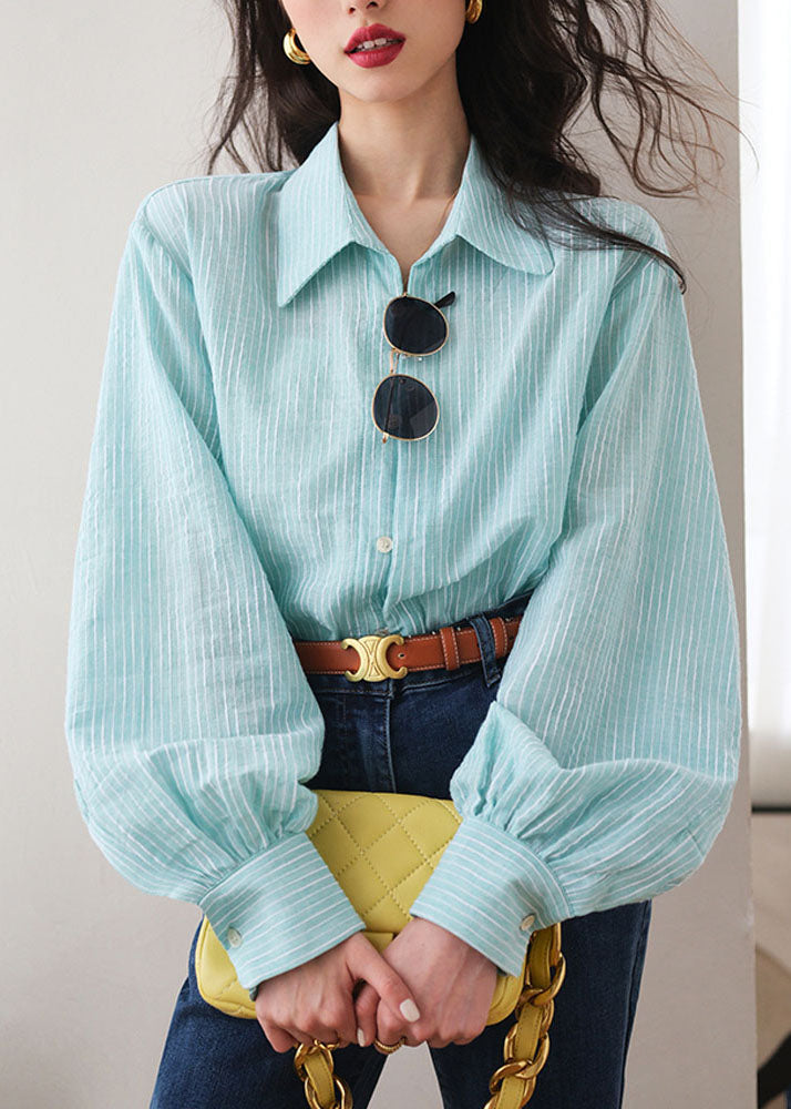 Fashion Blue Striped Peter Pan Collar Shirt Lantern Sleeve