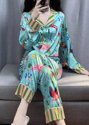 Fashion Blue Striped Print Button Ice Silk Pajamas Two Pieces Set Spring