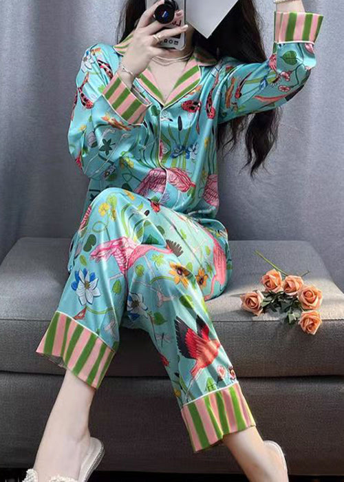 Fashion Blue Striped Print Button Ice Silk Pajamas Two Pieces Set Spring